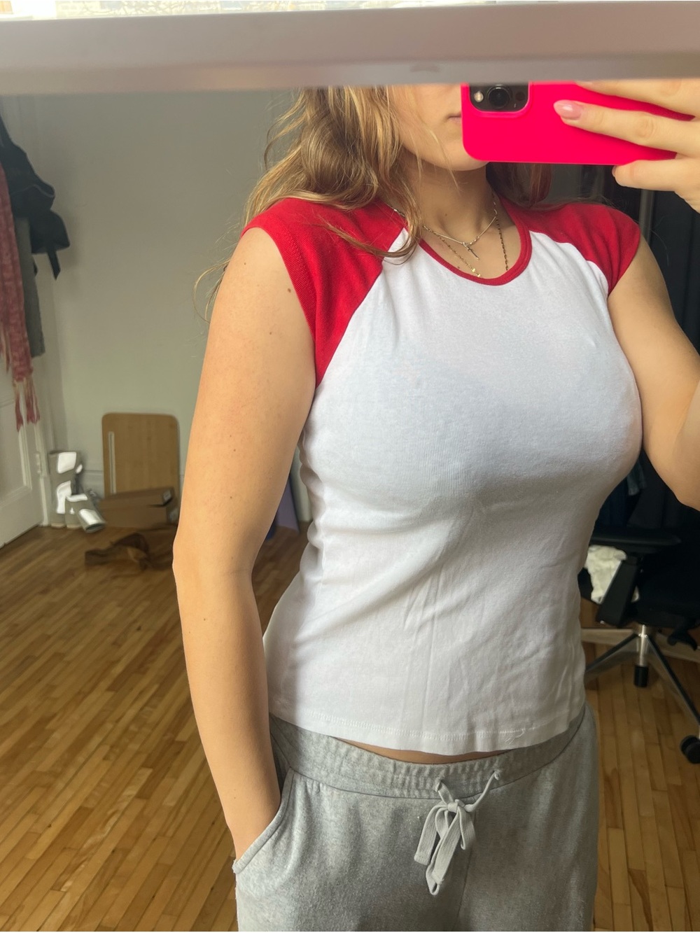 White & Red Raglan Sleeve Women's Top